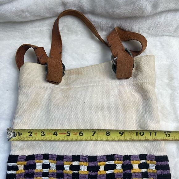 Jasper &Jeera beige canvas tote with multi color beads appliqué &leather straps - Picture 12 of 12